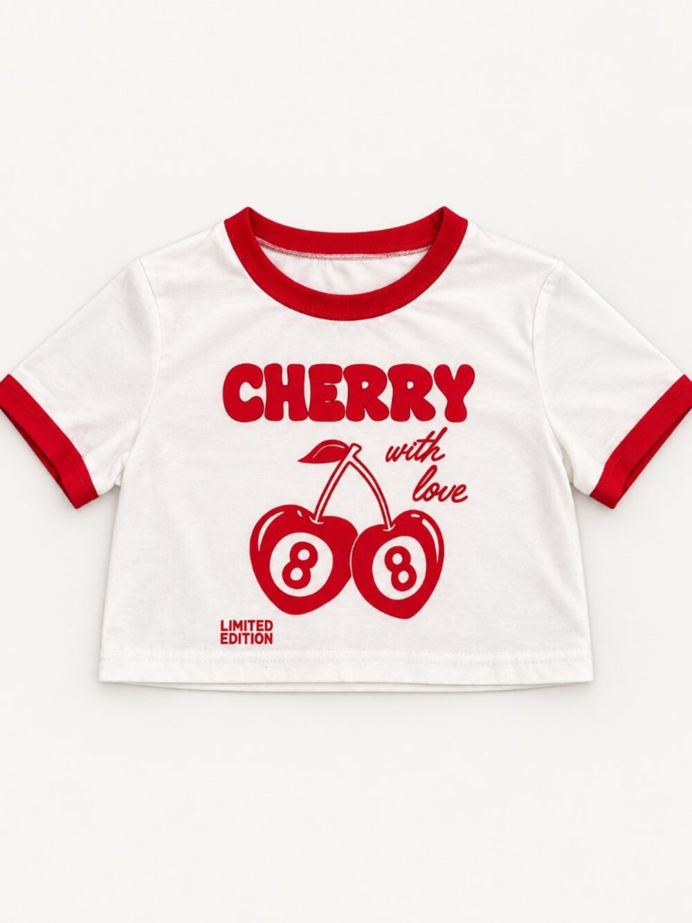 Cherry With Love 88 Cropped Ringer Tee Red White Size Small Y2K Style